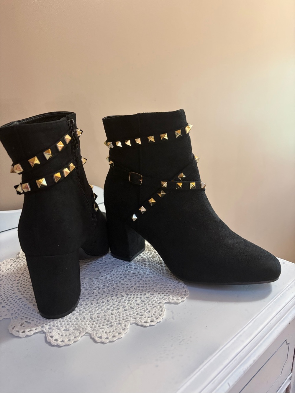Women's Black Ankle Booties with Gold Pyramid Studs